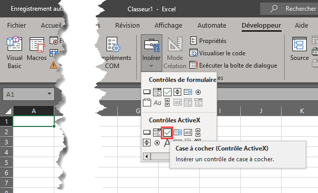 insertion case cocher activex developpeur