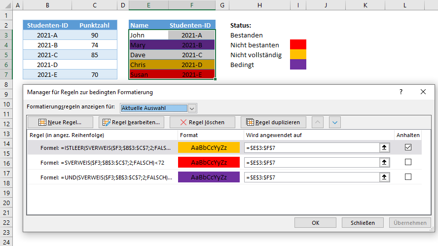 mehrere bedingte Formatierungen nach sverweis ergebnis