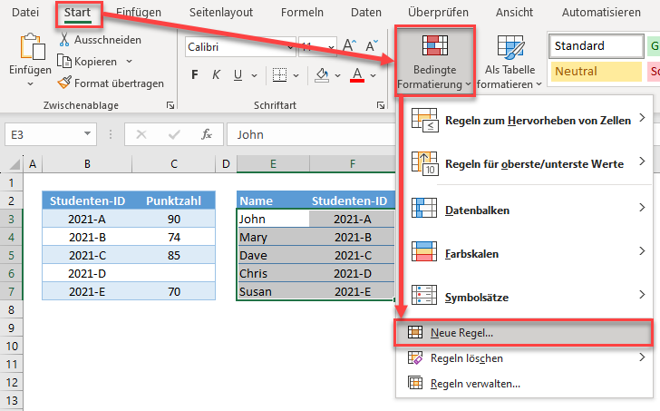 neue regel für bedingte Formatierung