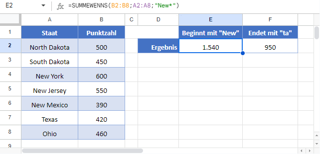 summe wenn beginnt endet mit google sheets