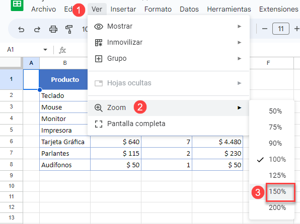 Acercar Alejar en Google Sheets