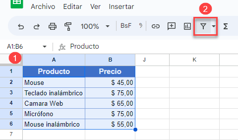 Activar Filtro en Google Sheets