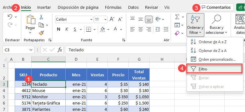 Activar Filtro en Tabla en Excel