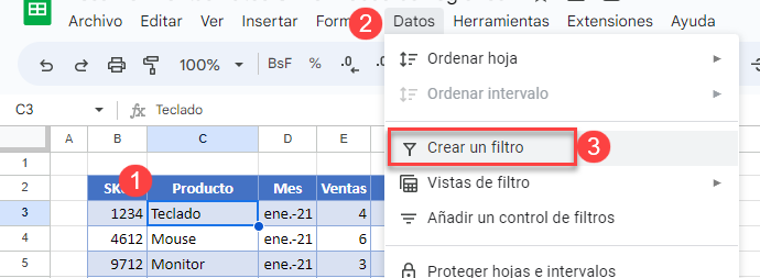 Activar Filtro en Tabla en Google Sheets