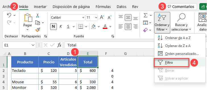 Activar Filtro en Tabla