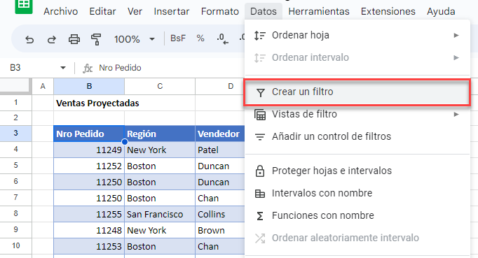 Activar Filtro en Tablas en Google Sheets