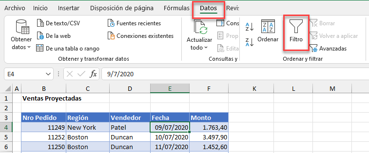 Activar Filtros en Tabla de Columnas