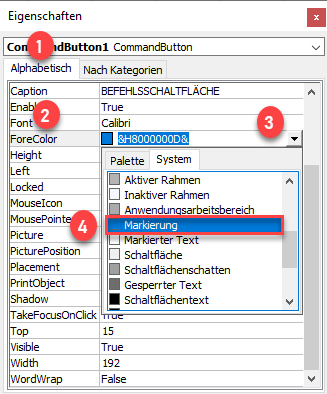 ActiveX Schaltflaeche Schriftfarbe auswaehlen