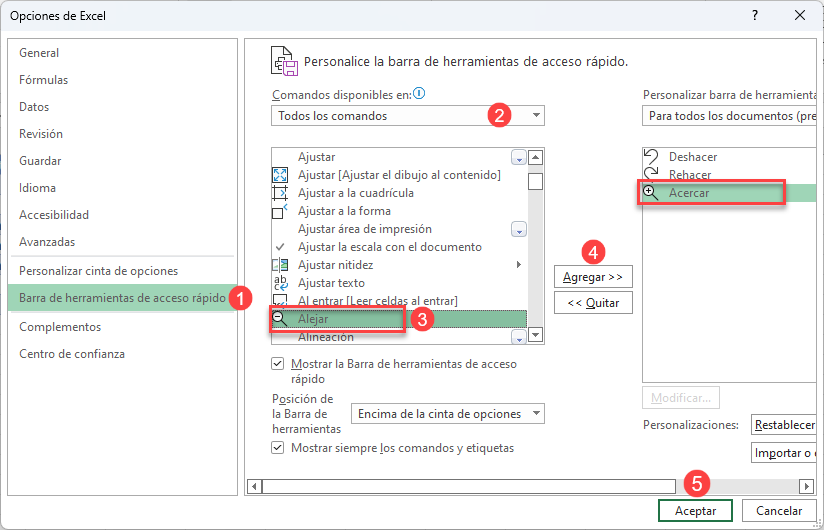 Agregar Botones Acercar Alejar a Barra de Acceso Rápido en Excel