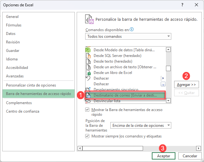 Agregar Comando Destinatario de Correo a la Barra de Acceso Rápido en Excel