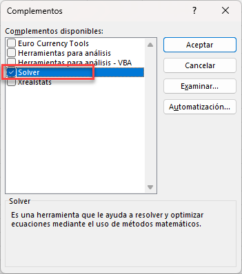 Agregar Complemento Solver en Excel