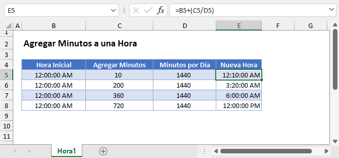 Agregar Minutos a una Hora en Excel