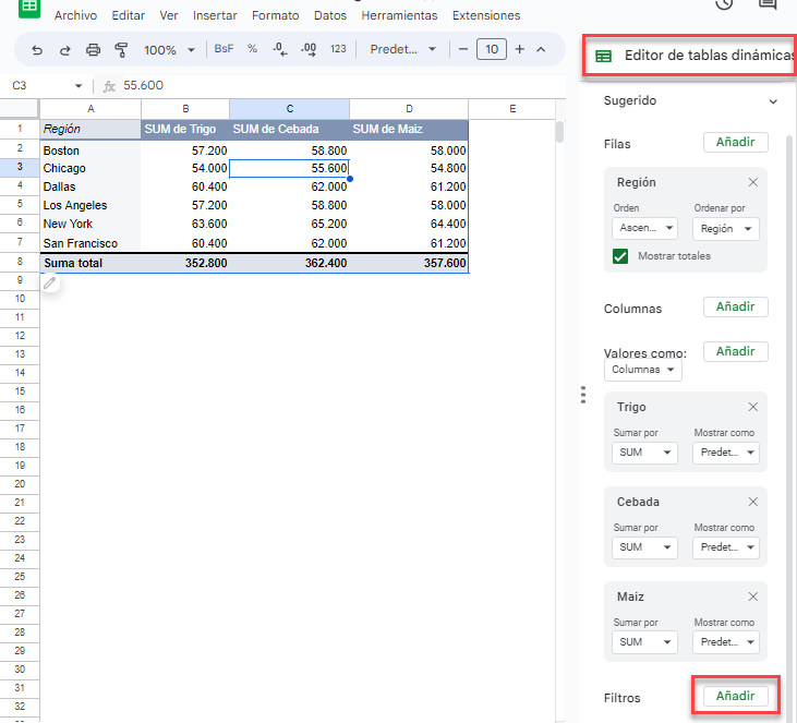 Añadir Filtro a Tabla Dinámica en Google Sheets