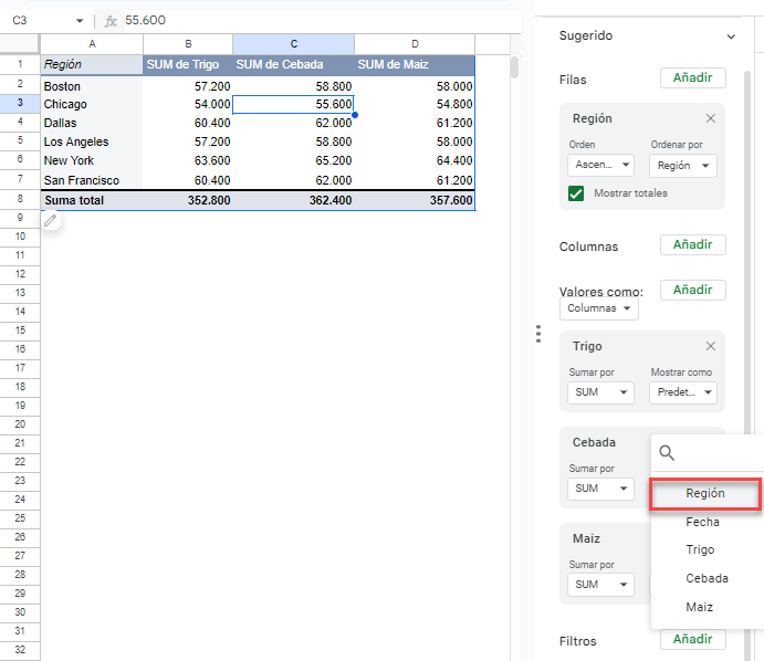 Añadir Filtro de Región a Tabla Dinámica en Google Sheets