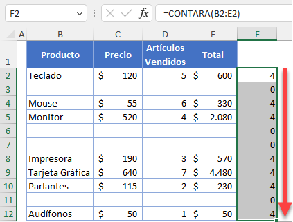 Arrastrar Fórmula CONTARA