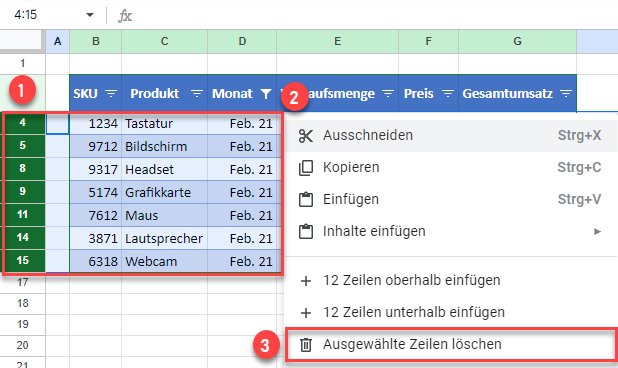 Ausgewaehlte Zeilen loeschen Google Sheets