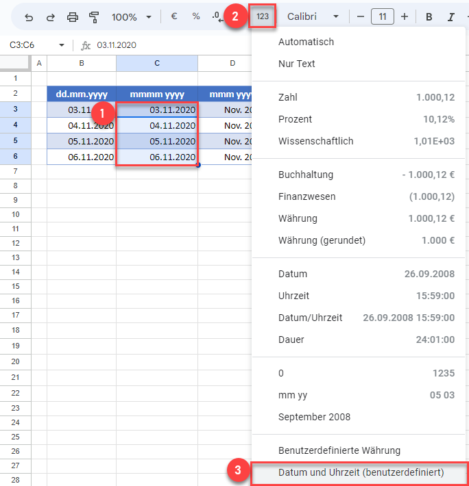 Benutzerdefiniertes Datums und Zeitformate Google Sheets