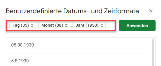 Benutzerdefiniertes Datums und Zeitformate in Google Sheets