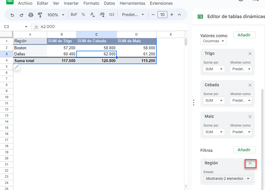 Borrar Filtro de Tabla Dinámica en Google Sheets