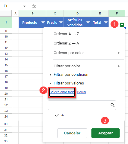 Borrar Filtro en Google Sheets