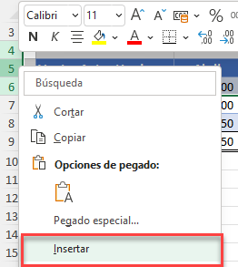 Botón Derecho para Insertar Filas o Columnas