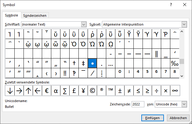 Bullet Symbol allgemeine Interpunktion