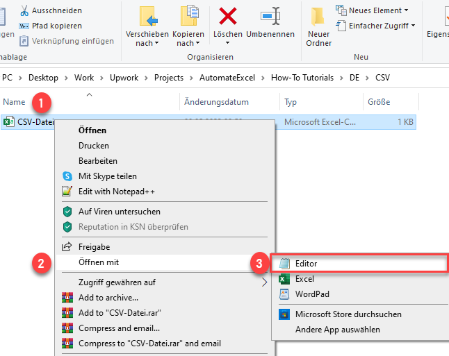 CSV Datei mit Editor oeffnen