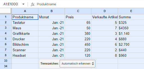 CSV Daten Option Text in Spalten Ergebnis Google Sheets