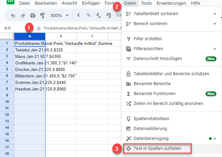 CSV Daten Option Text in Spalten Google Sheets