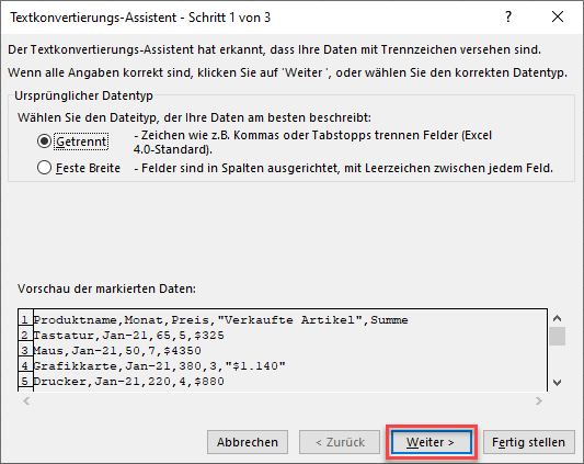 CSV Daten Option Text in Spalten umwamdeln Schritt1