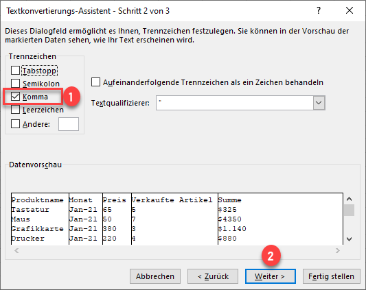 CSV Daten Option Text in Spalten umwamdeln Schritt2