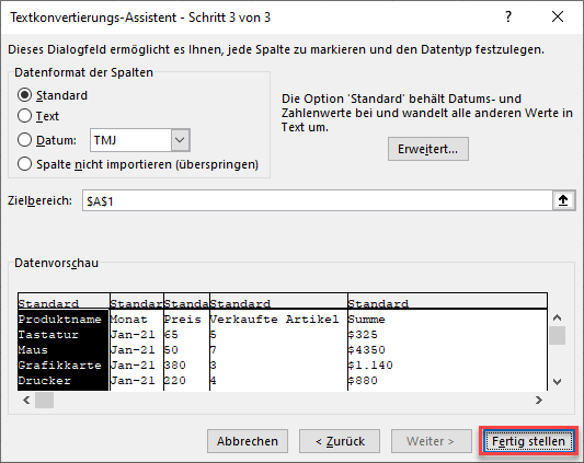 CSV Daten Option Text in Spalten umwamdeln Schritt3