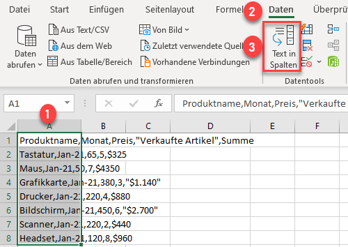 CSV Daten Option Text in Spalten