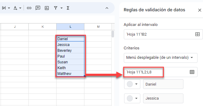 Cambiar Rango de Lista Desplegable en Google Sheets Paso2