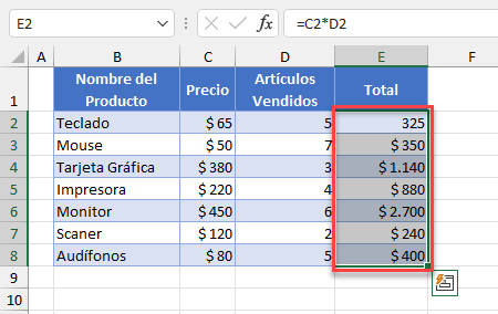 Celdas con Fórmulas Seleccionadas en Excel