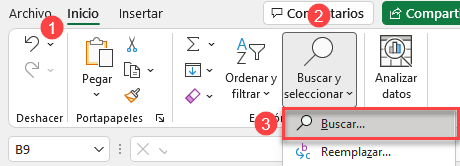 Comando Buscar en Menú de Excel