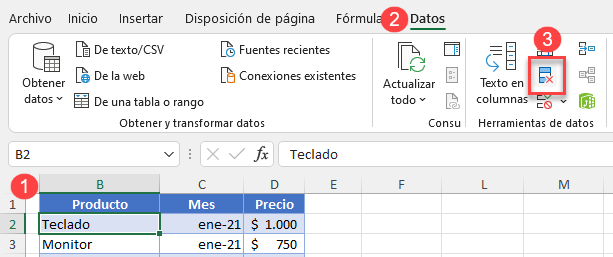 Comando Quitar Duplicados en Excel