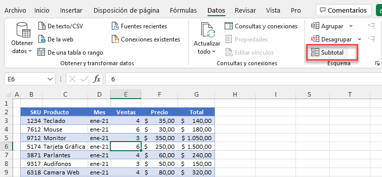 Comando Subtotal