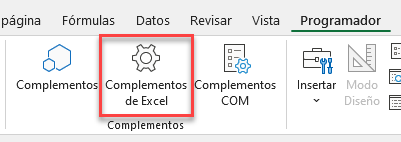Complementos de Excel Pestaña Programador