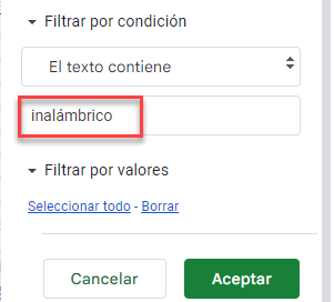 Condición El Texto Contiene en Google Sheets