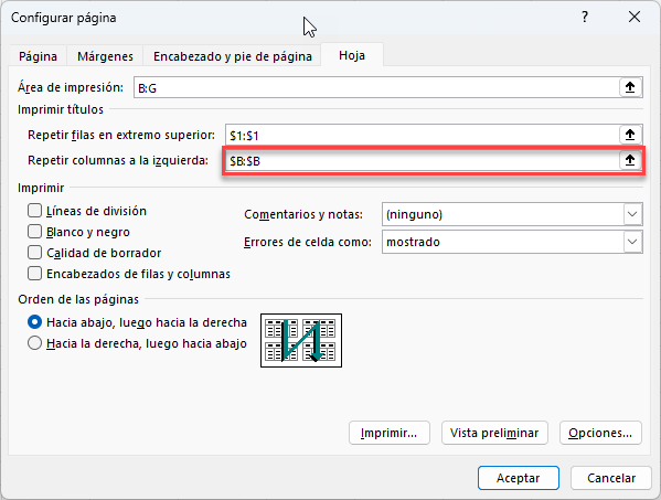 Configurar Página Repetir Columnas a la Izquierda