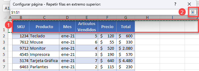 Configurar Página Repetir Filas en Extremo Superior Selección de Filas