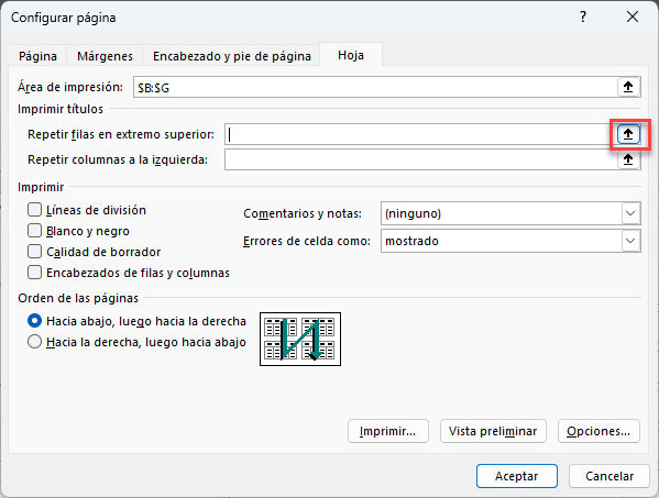 Configurar Página Repetir Filas en Extremo Superior