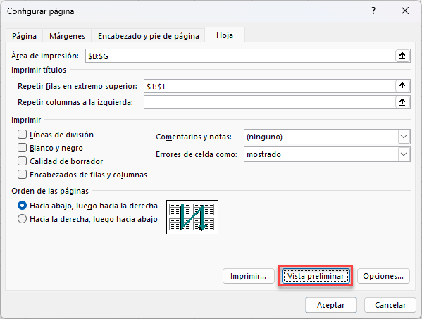 Configurar Página Vista Preliminar