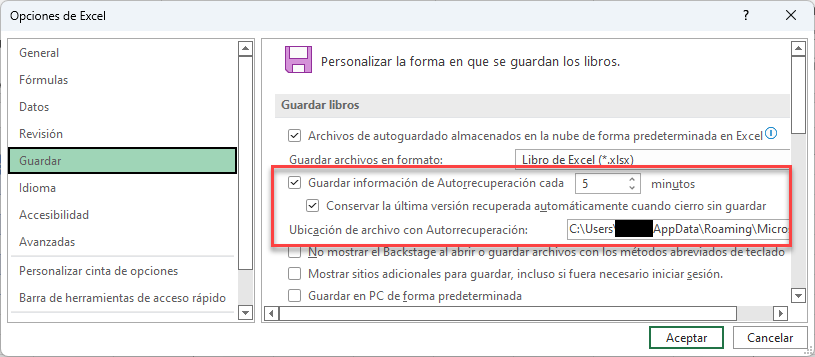 Configurar la  Ubicación y la Hora de Guardado Automático en Excel