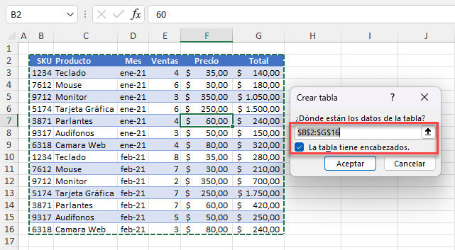 Convertir Rango de Datos en una Tabla Paso2