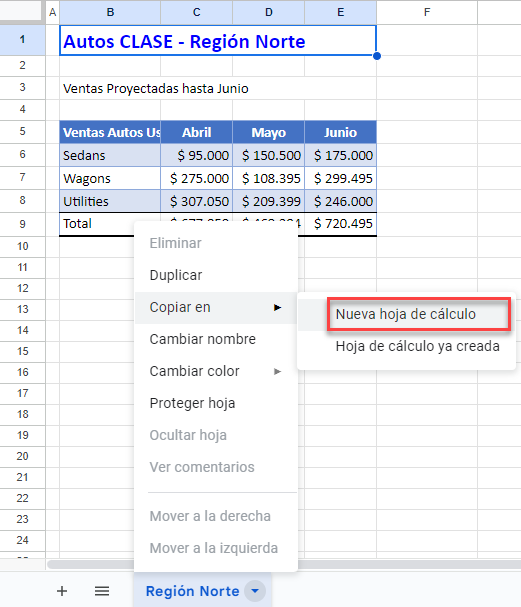 Copiar Hoja Hacia Nuevo Libro en Google Sheets