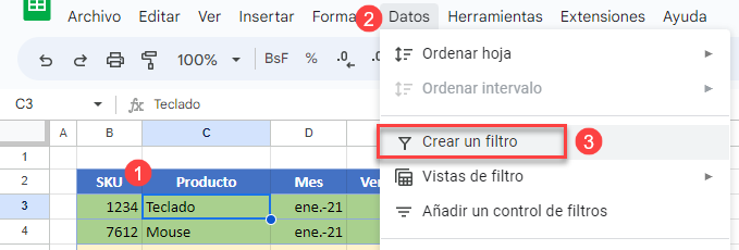 Crear Filtro en Google Sheets