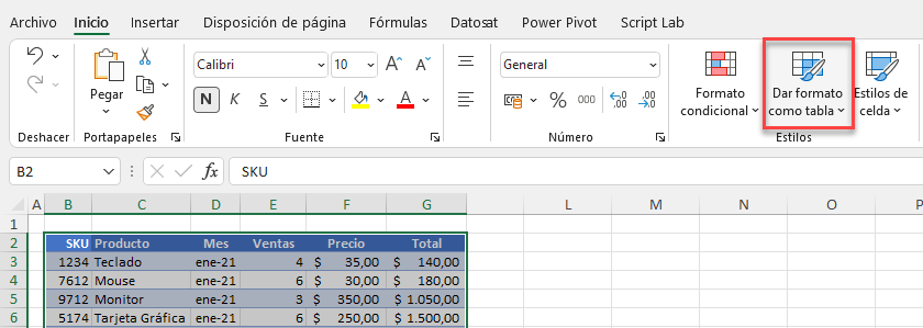 Dar Formato Como Tabla en Excel
