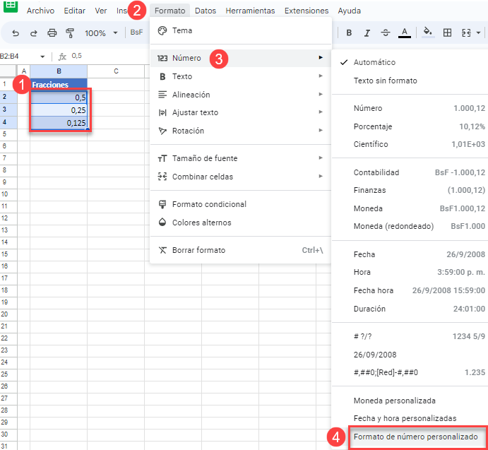 Datos Fracciones Formato de Número Personalizado en Google Sheets